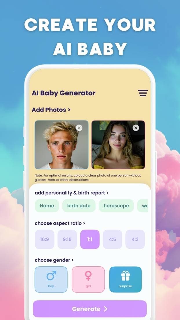 Bae AI baby face generator app screenshot 2 on iPhone